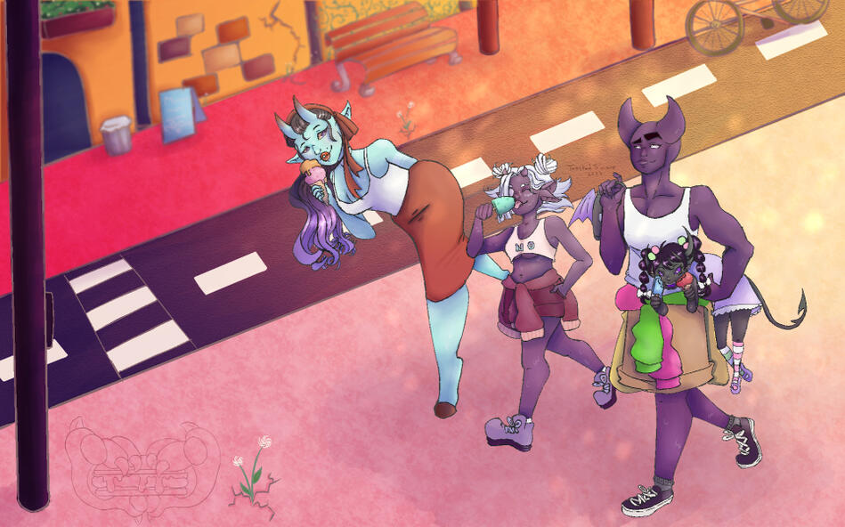 A summer street scene with sidewalks, a bench, a bicycle, shop walls, a street with a crosswalk and four characters walking together holding frozen desserts and covered in sweat. The characters belong to Ksureme and Chummy_M8.