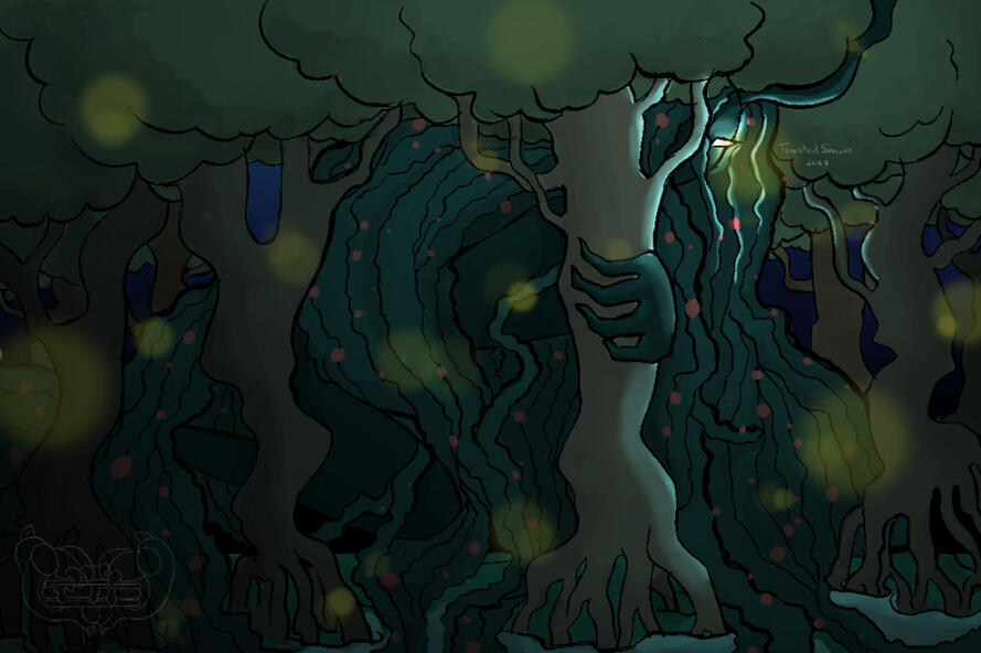 A dark night scene dimly lit by the fireflies and the glowing eye of the giant, green, viny creature hunched over slinking between the mangrove trees. They have big clawed hands and long hair with red flowers in it. The character belongs to AAA_Battery