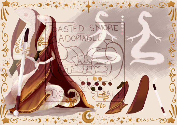 An albino snake Autumn adoptable wearing a saree, gold accessories and using a guide cane.