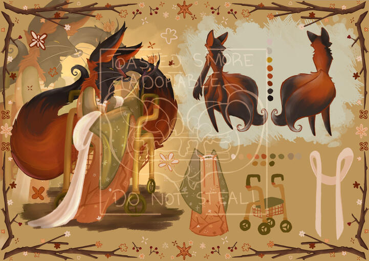 A black and red Autumn themed cross fox adoptable. They are wearing a hanfu, sitting in a rollator and have flower motifs.