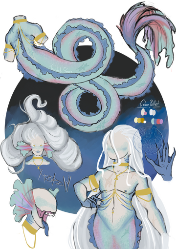 A ref sheet of a merman with silver hair &amp; a blue serpent tail.