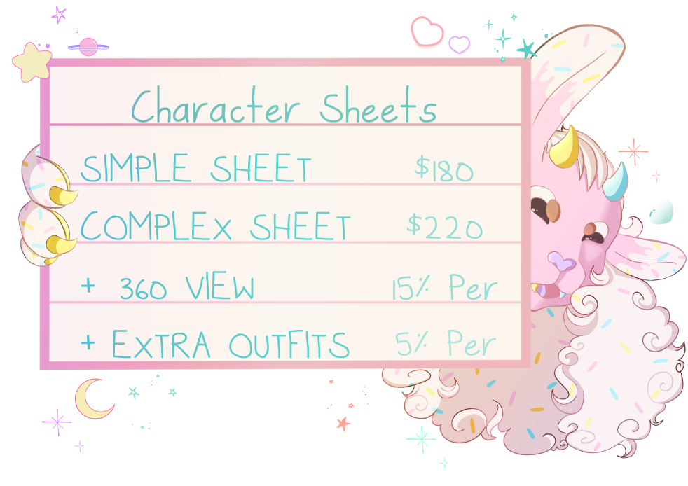 Character Sheets. Simple Sheet $180. Complex Sheet $220. +360 View %15 Per. +Extra Outfits 5% Per. All words are written in blue.