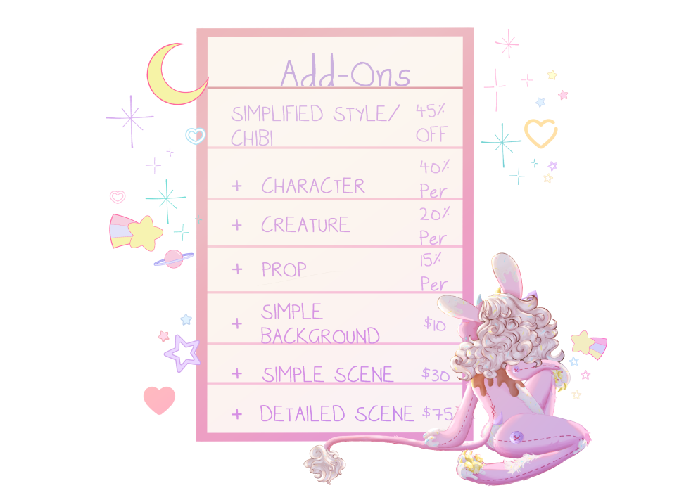 Add-Ons. Simplified Style/Chibi 45% Off. + Character 40% Per. +Creature 20% Per. + Prop 15% Per. +Simple Background $10. +Simple Scene $30. Detailed Scene $75. All words are written in purple.