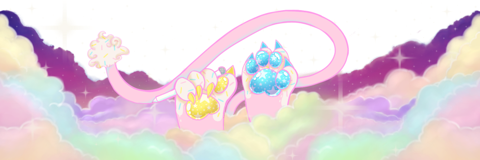 Two pink, yellow, blue and white paws with sprinkles on the white areas. A white stylus is held in the right paw while the pink and white tail is curled behind them. The hands and tail are surrounded by pastel rainbow clouds and white stars across the page