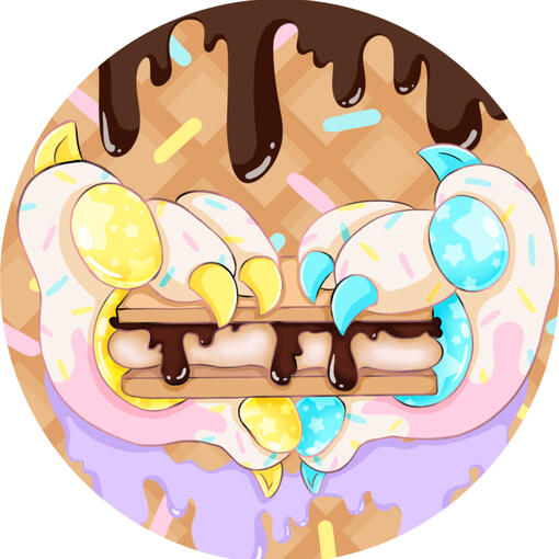 A circular icon of two paws holding a s’more in front of a waffle background with sprinkles, chocolate drips at the top and purple at the bottom. The paws are light pink, yellow, blue and white with stars on the paw pads and sprinkles on the white areas.